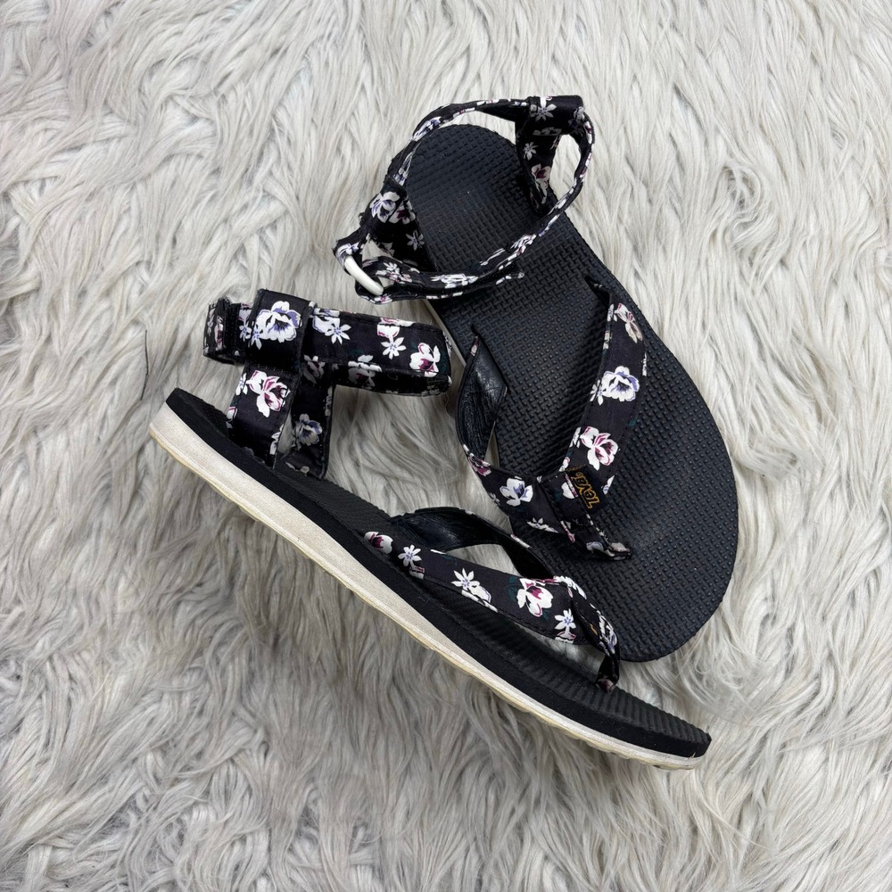 Teva Women's 7 Black Original Sandal Floral Satin Ankle Strap Sandals Flat Sport